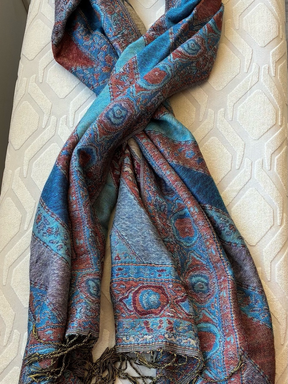 Pashmina Wool Scarf Shawl Wrap Blue Rust Paisley Geometric Fringe 28x72